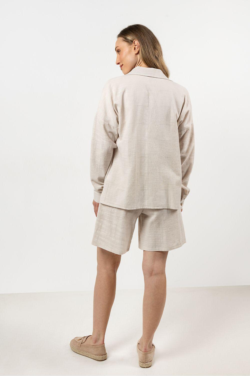 Long-sleeve button-front shirt, beige, back view with collar