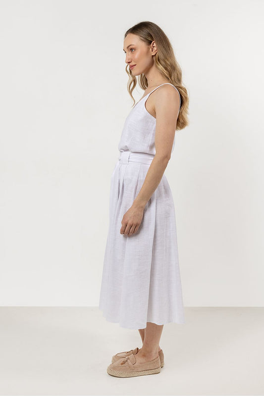 White cotton camisole with thin straps and V-neck, waist tie with pleated midi skirt