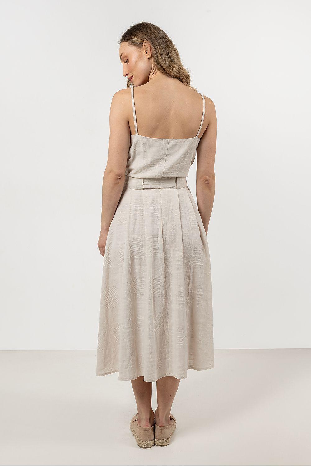 Beige spaghetti strap dress with open back and waist tie