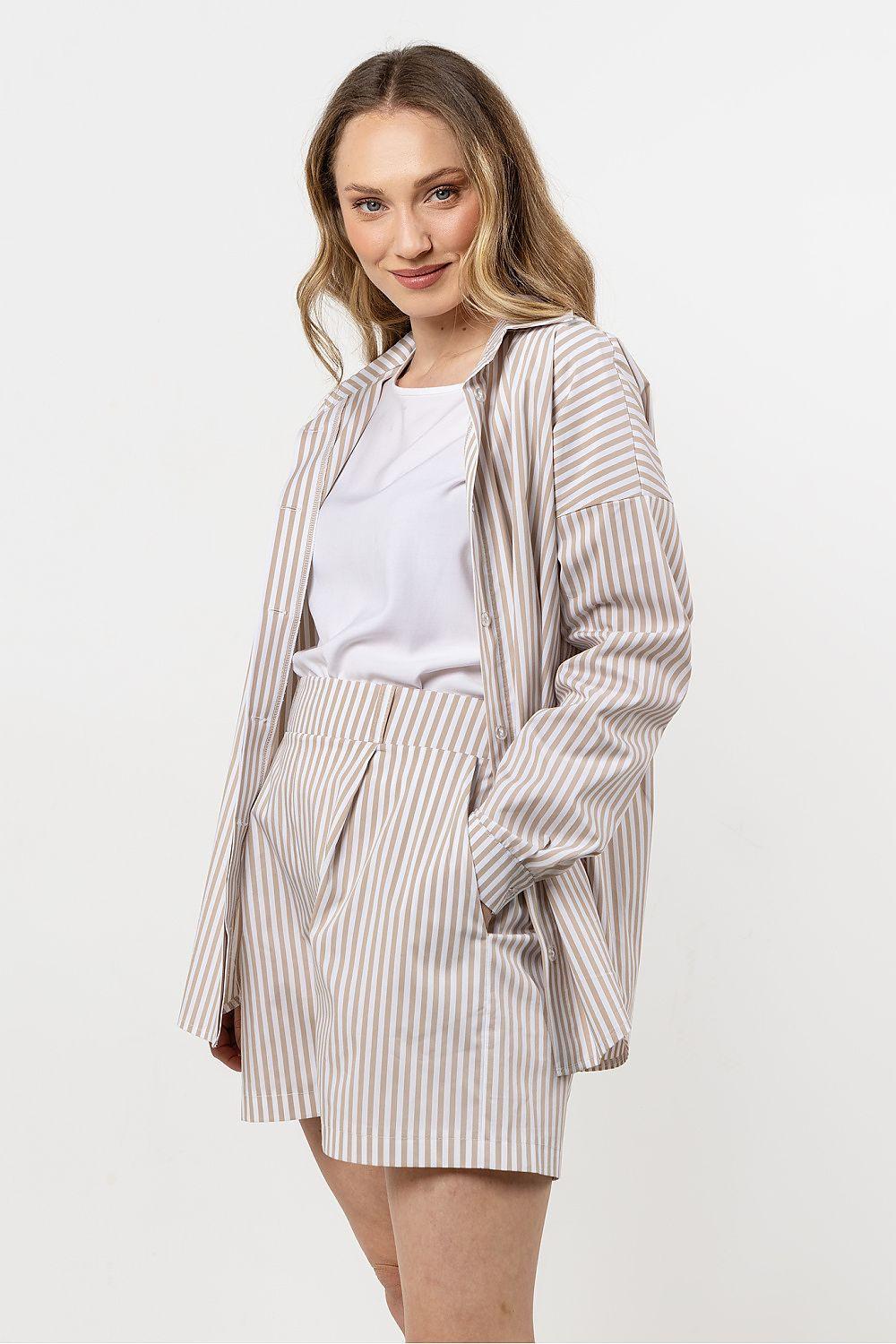 Beige-and-white striped long sleeve shirt with collar and button front, front view
