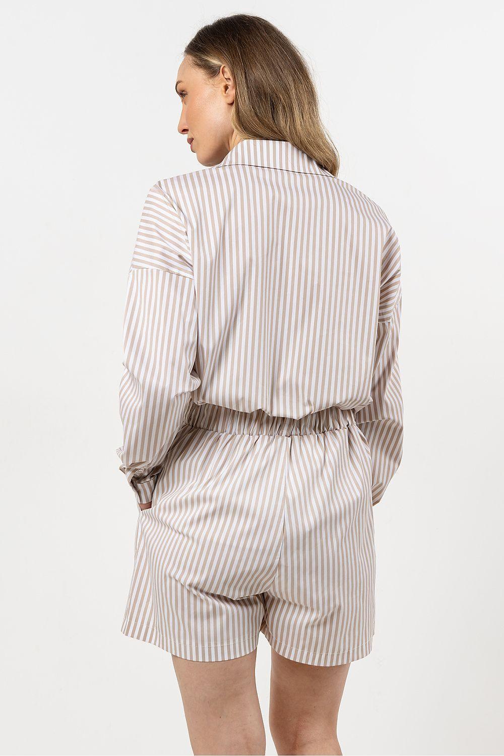 Back view pinstripe shorts in beige and white, vertical stripes, elastic waistband