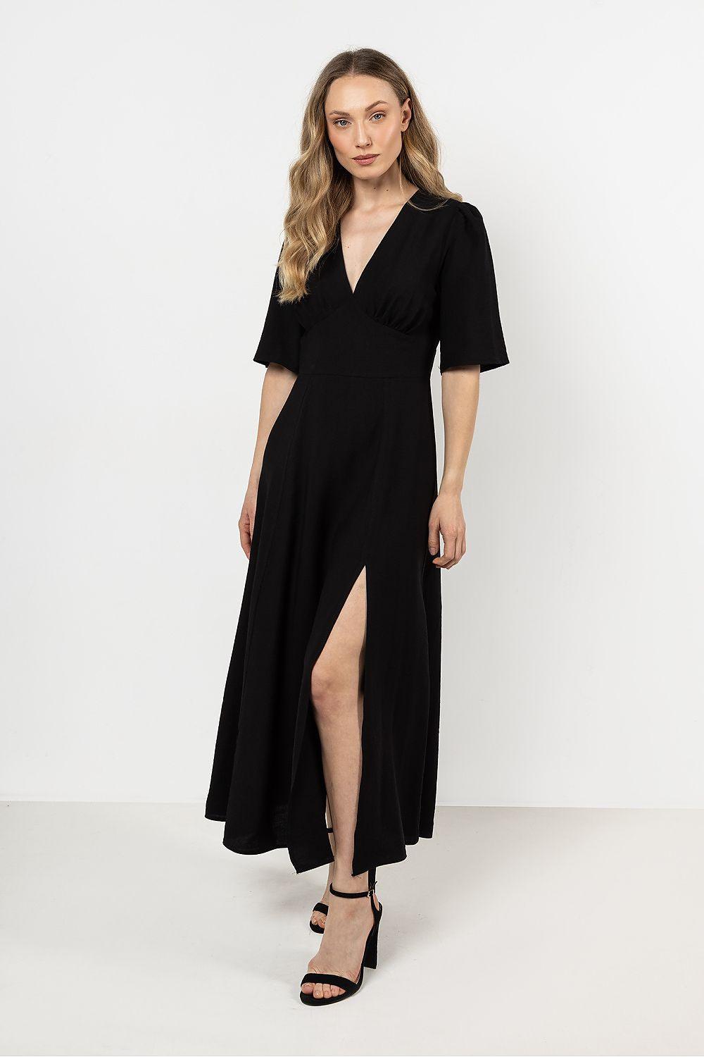 Black V-neck midi daydress with short sleeves and front slit