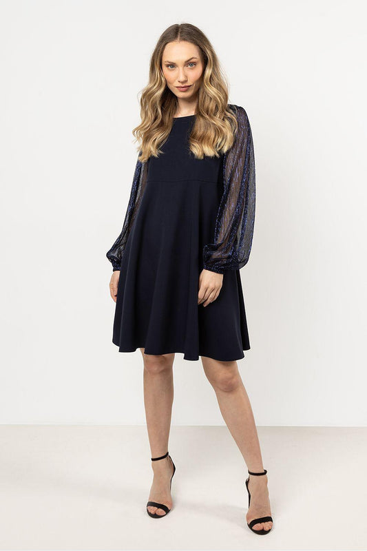 Navy A-line evening dress with long sheer sleeves and scoop neckline