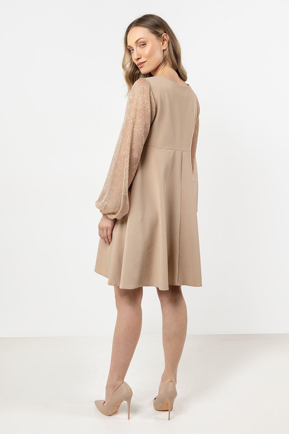 Awama evening dress in beige with sheer long sleeves, back view