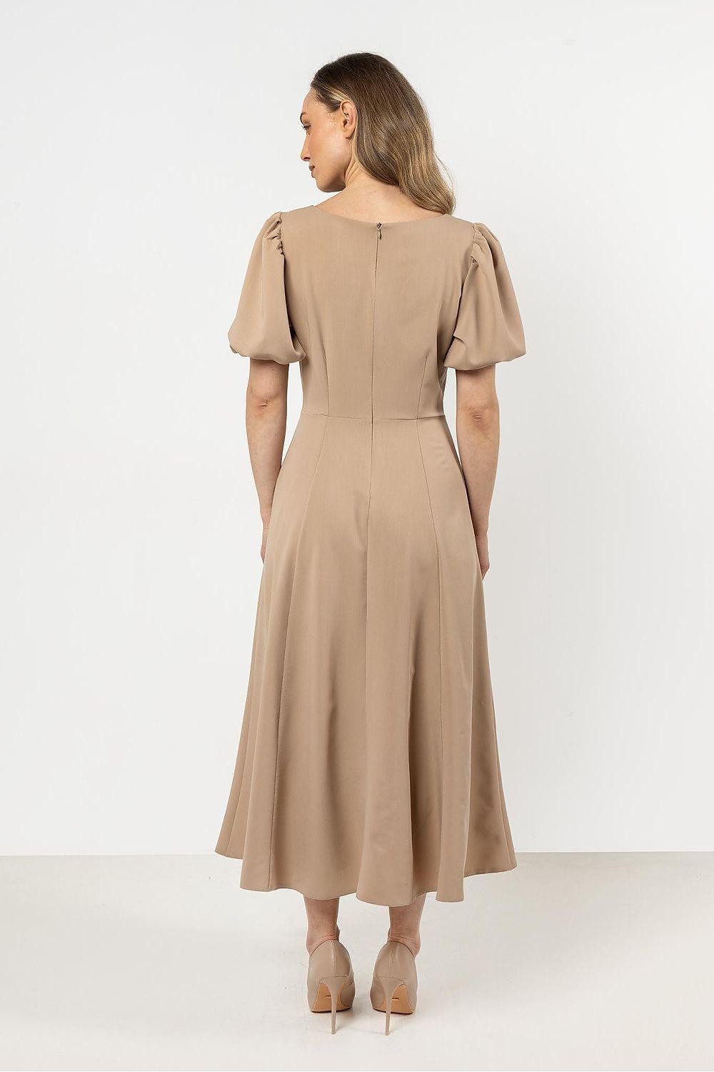 Beige midi day dress with short puff sleeves and scoop back