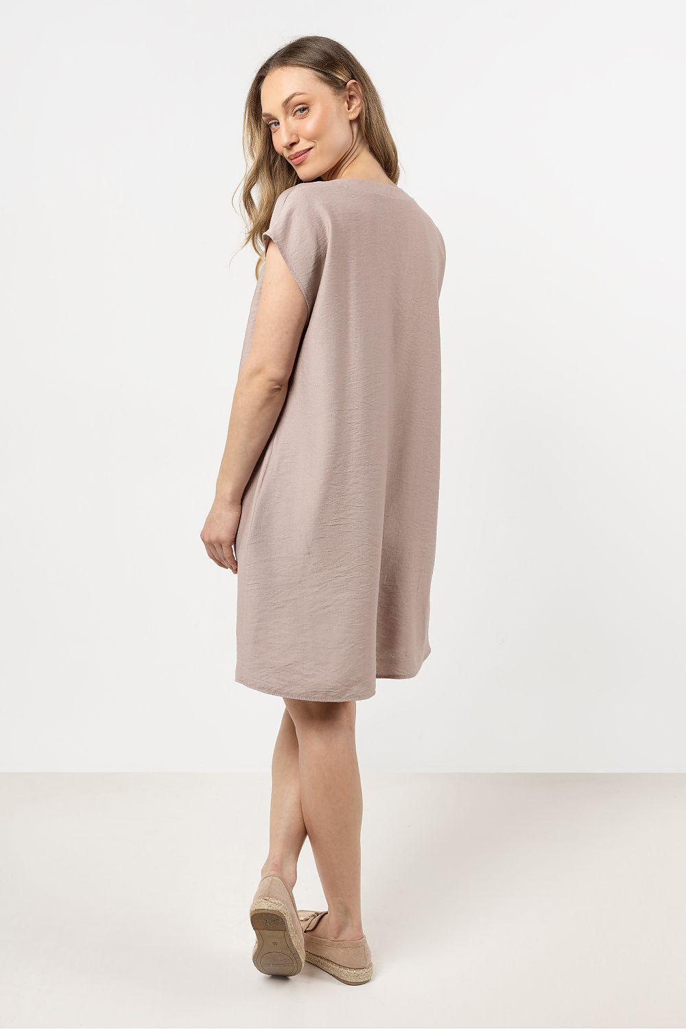 Brown short-sleeve daydress, back side view with drawstring neckline