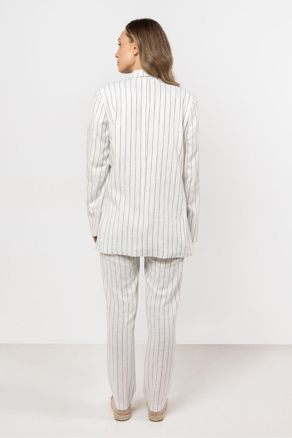 Women’s vertical pinstripe trousers, full length, light color