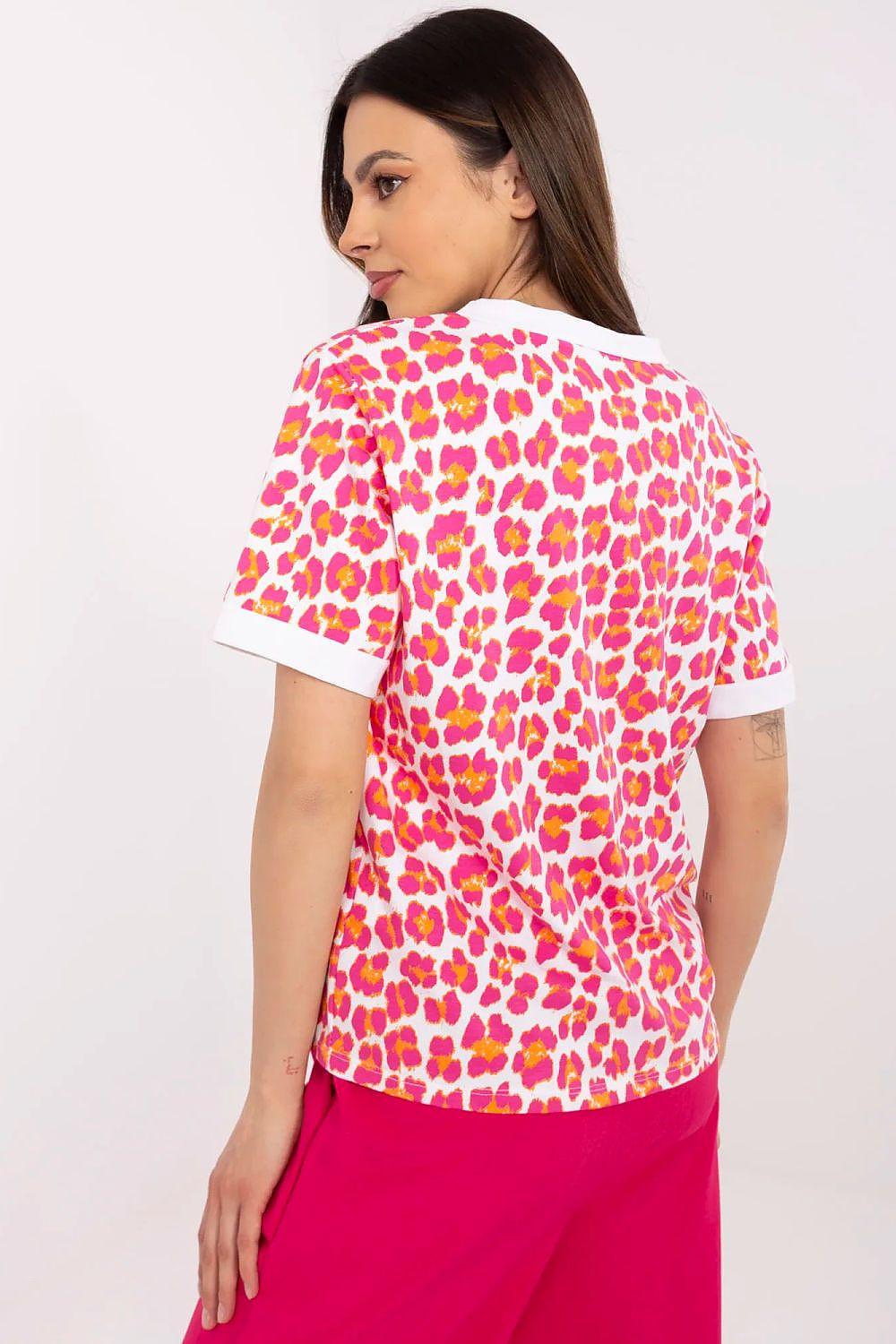 Pink animal-print blouse with short sleeves, back view