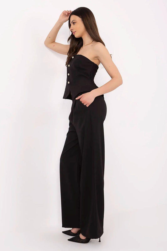 Black strapless peplum top and flared wide-leg trousers set, front button closure