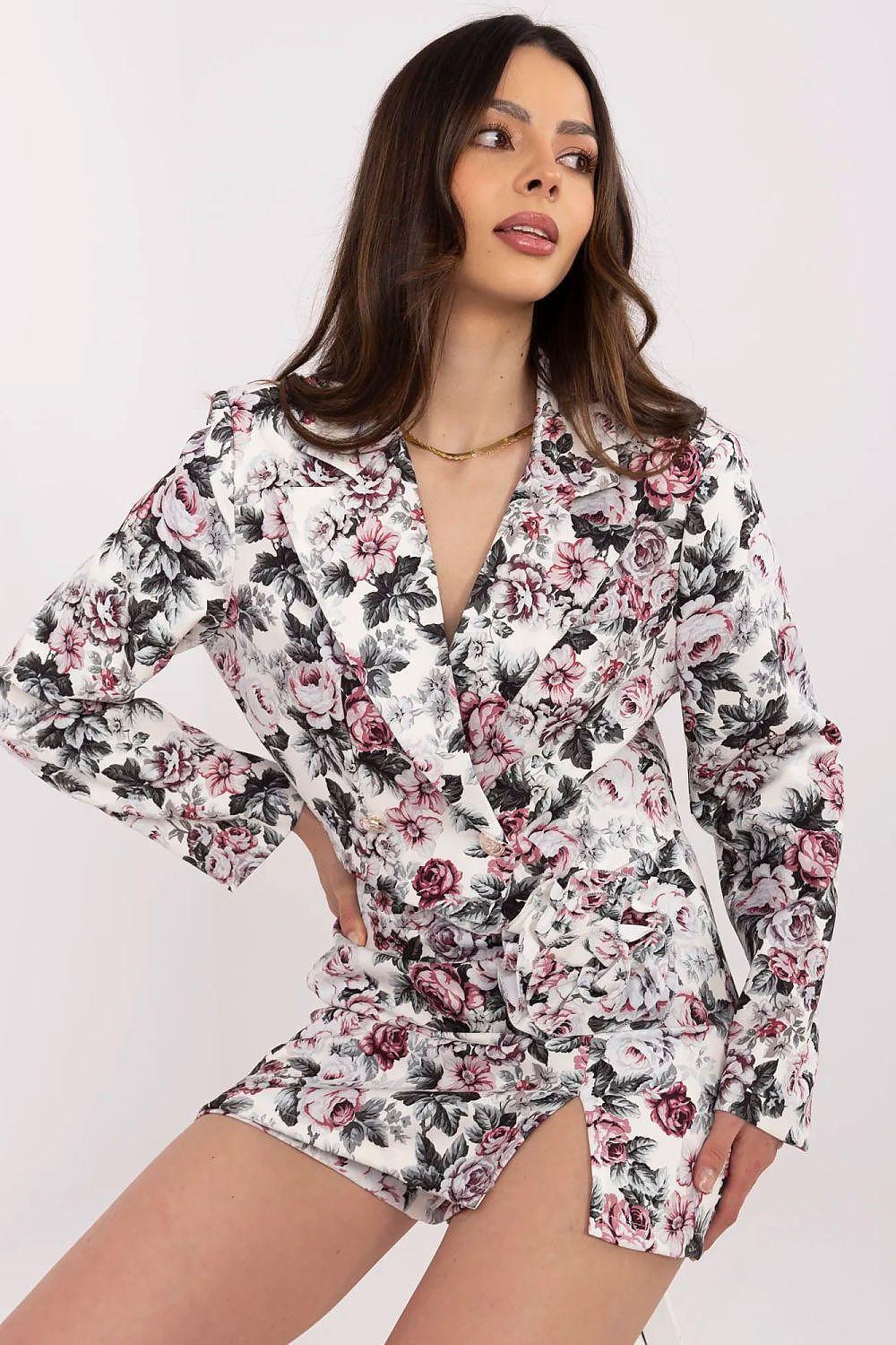 Grey floral wrap romper with deep V-neck and ruffled cuffs