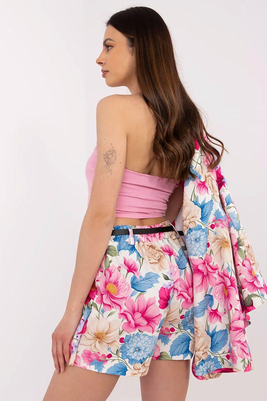 Floral blazer and shorts set, back view with pink blue flower print and ruffled jacket hem