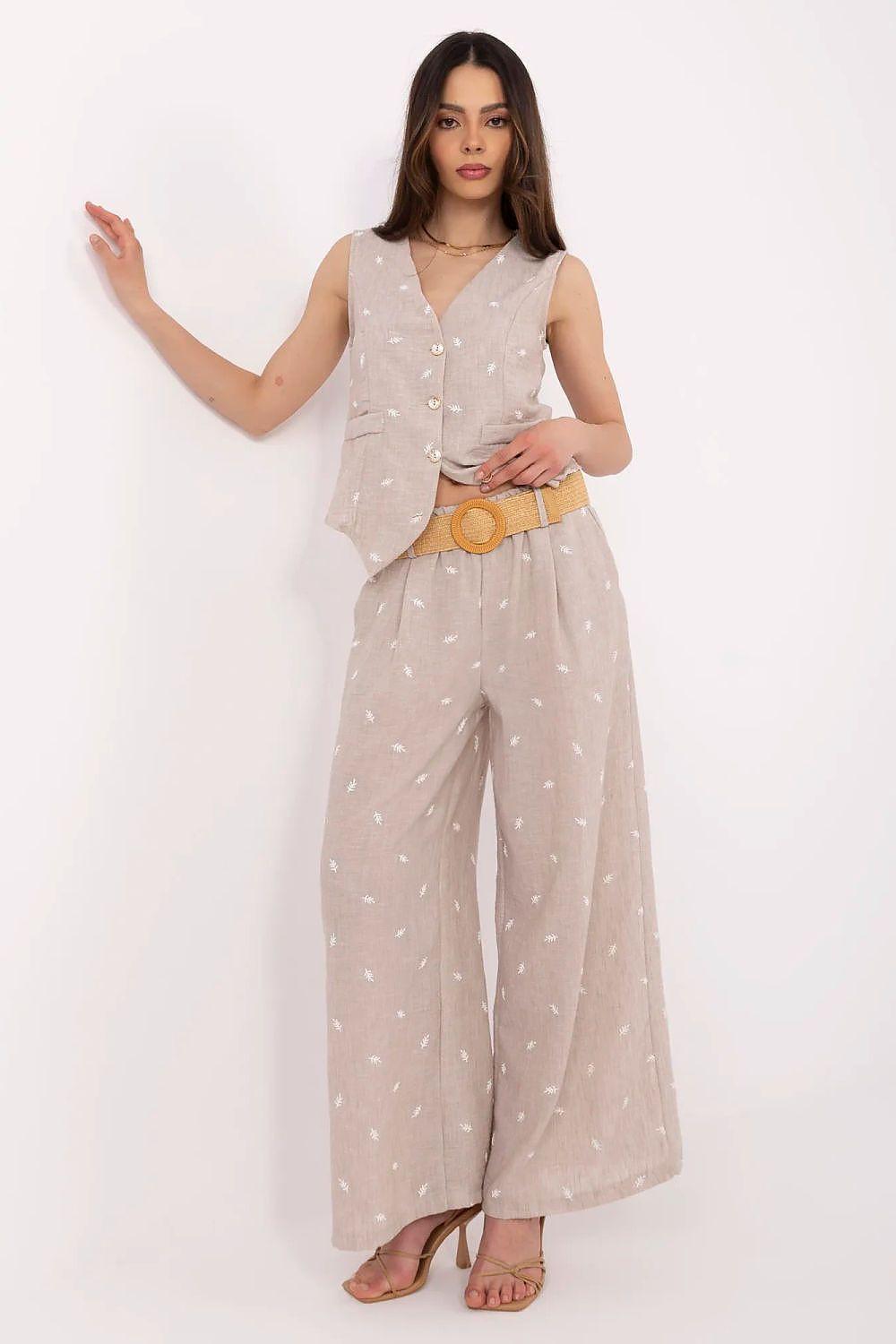 Beige embroidered sleeveless vest and wide-leg pants set with button front