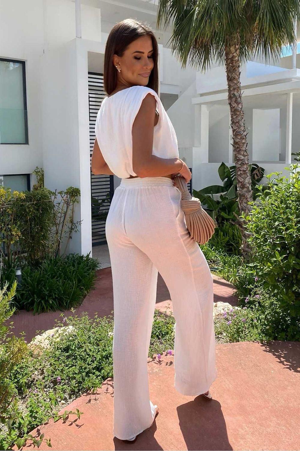 Light beige muslin crop top and high-rise wide-leg pants set