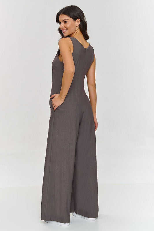 Charcoal sleeveless V-neck wide-leg jumpsuit, side view, relaxed straight legs