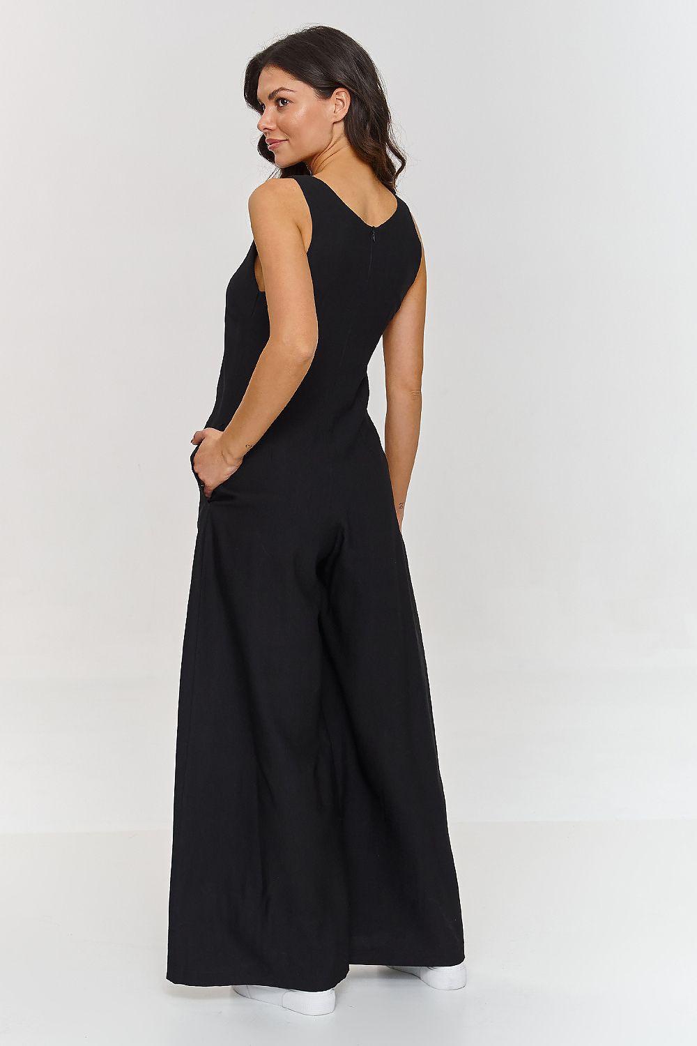 Black sleeveless V-neck wide-leg jumpsuit with flowing ankle-length pant legs