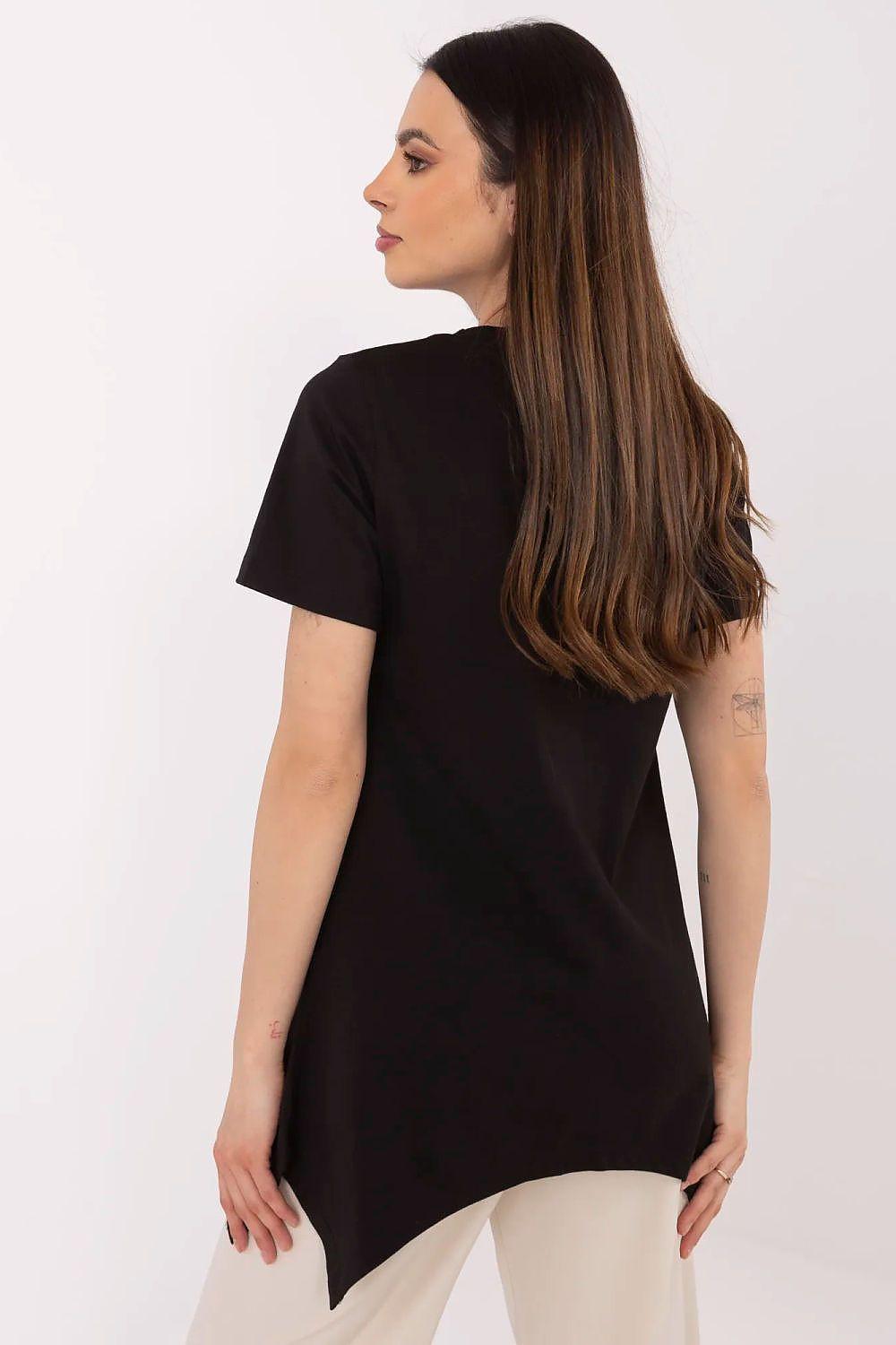 Black short-sleeve blouse with asymmetrical back hem and relaxed fit