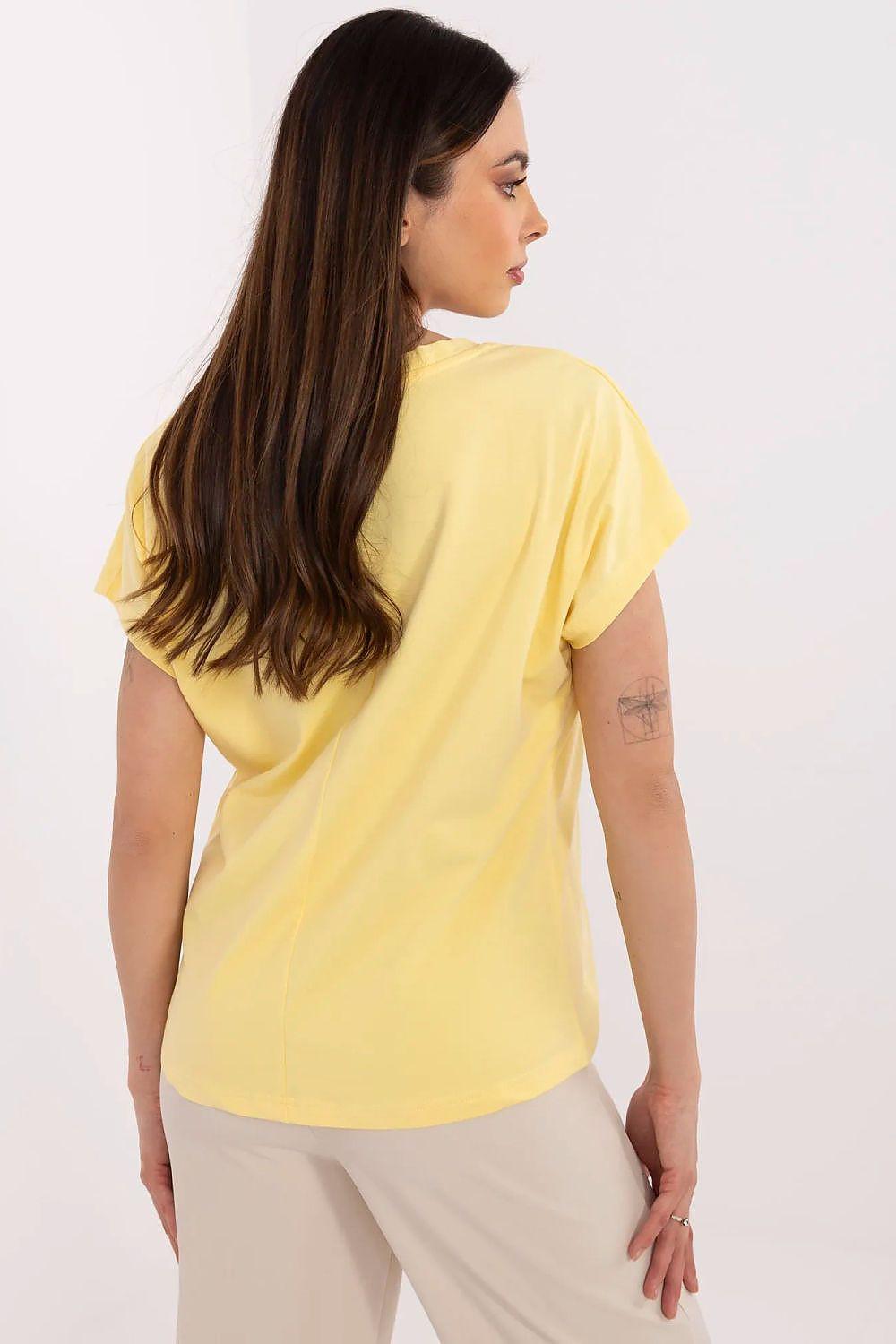 Yellow V-neck T-shirt, back view, short sleeves