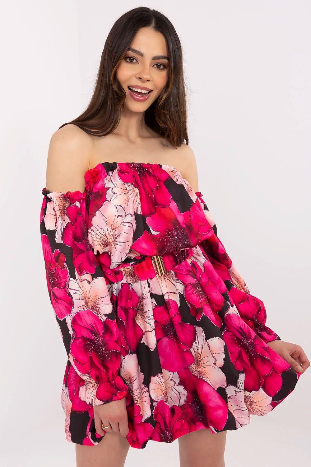 Floral off-shoulder mini daydress, hot pink/black/white with tie waist and ruffles