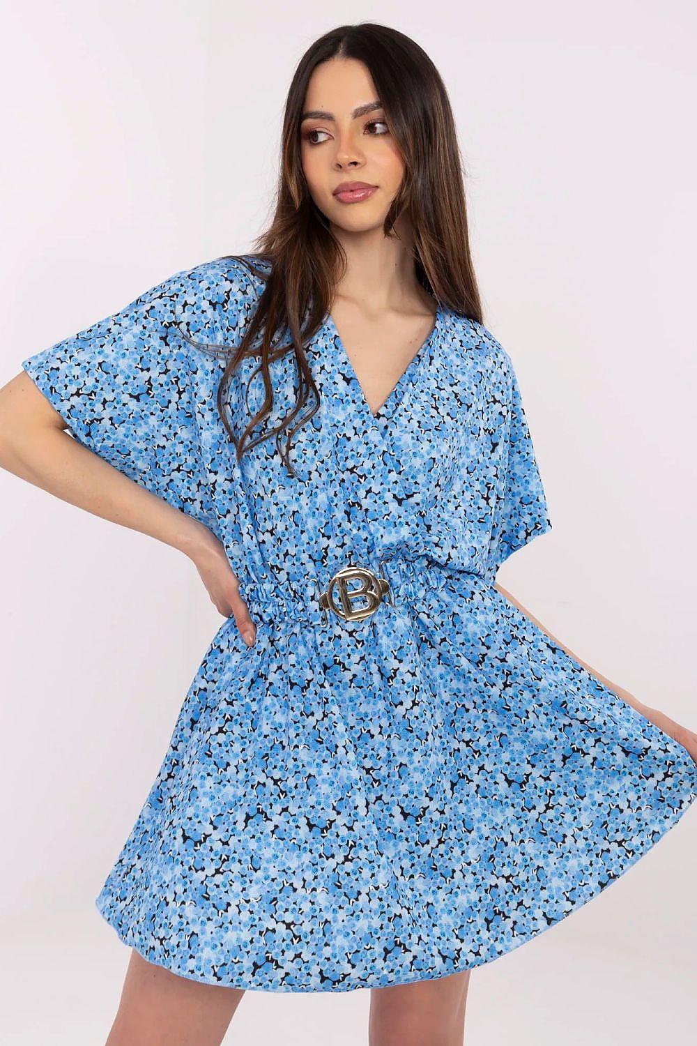 Italy Moda floral wrap-neck mini jumpsuit in blue with short sleeves and belt