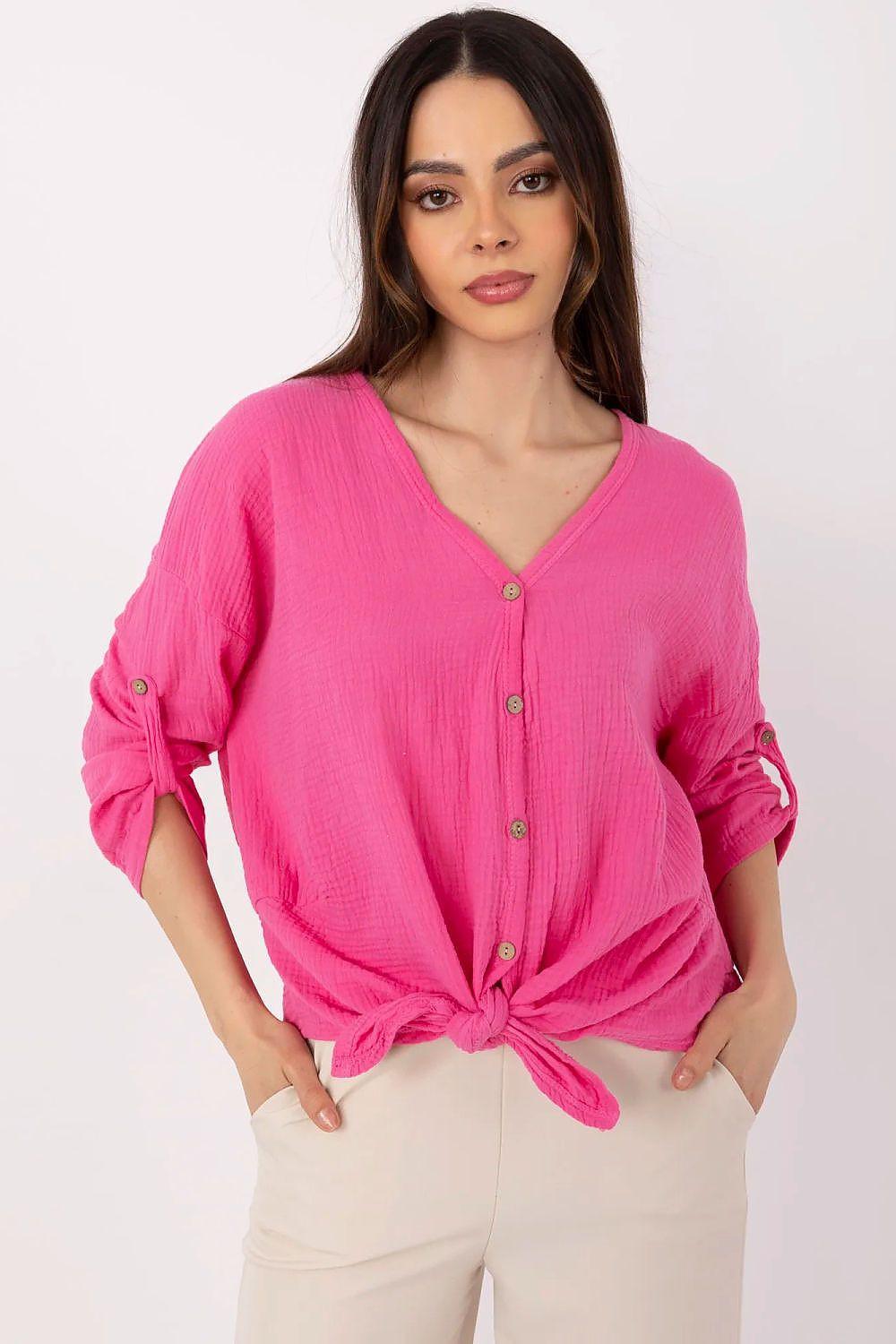 Pink V-neck muslin cotton shirt with 3/4 sleeves, button front and tie knot hem