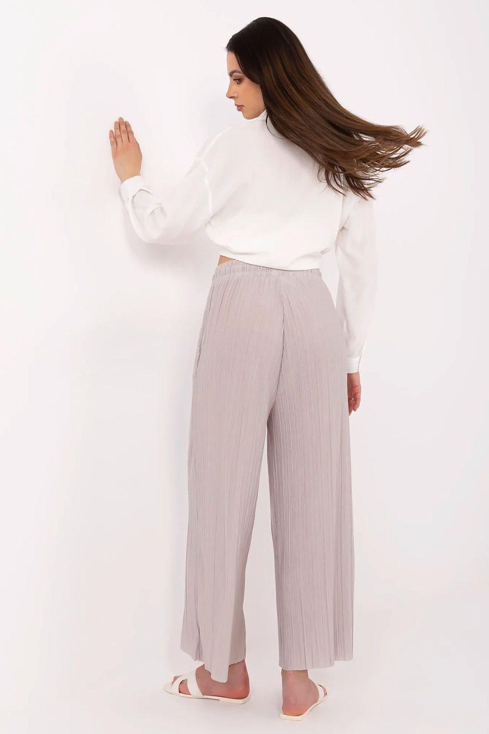 Women’s trousers, light gray wide-leg ankle length with elastic waistband and tie