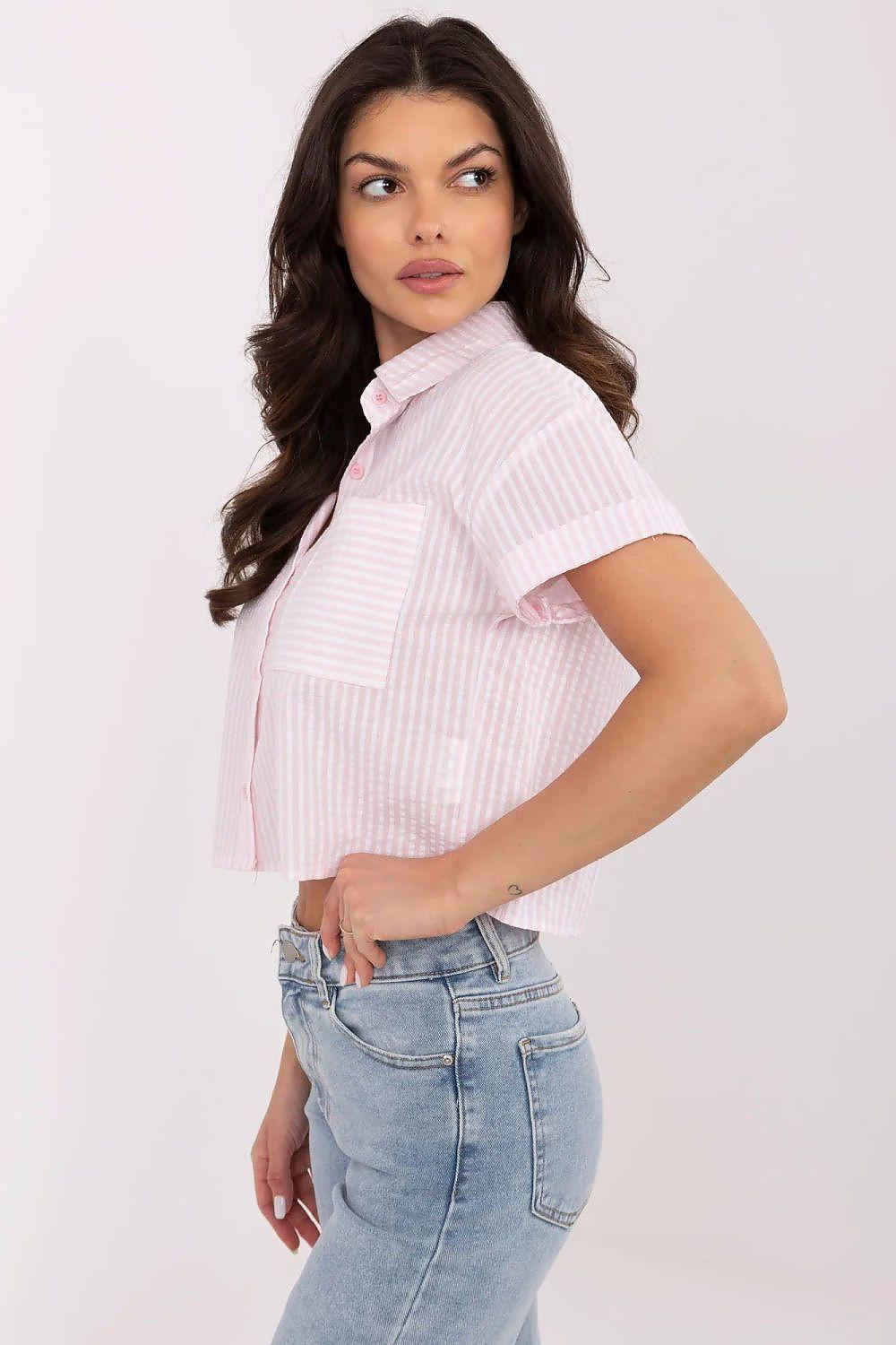 Pink striped short-sleeve button-up shirt with collar and chest pocket, side view