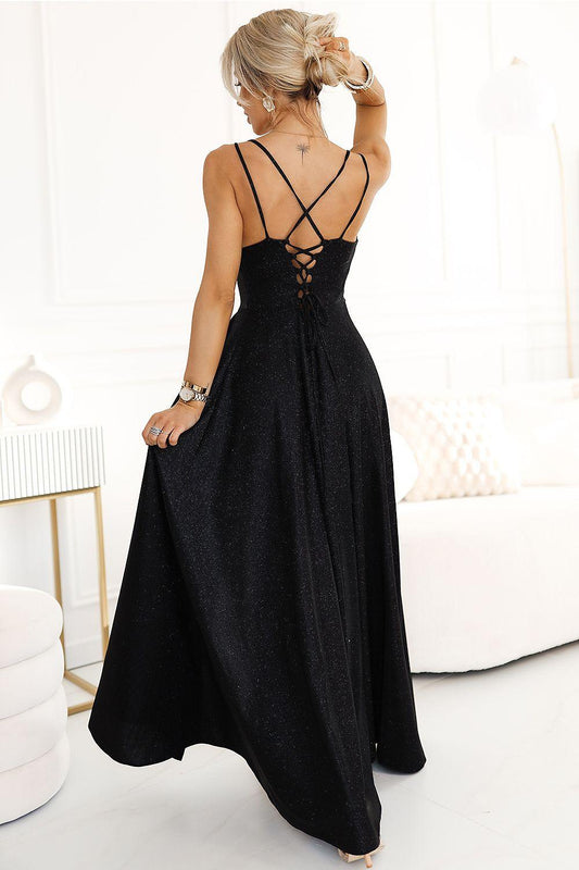 Black long dress with crisscross lace-up back and open V neckline