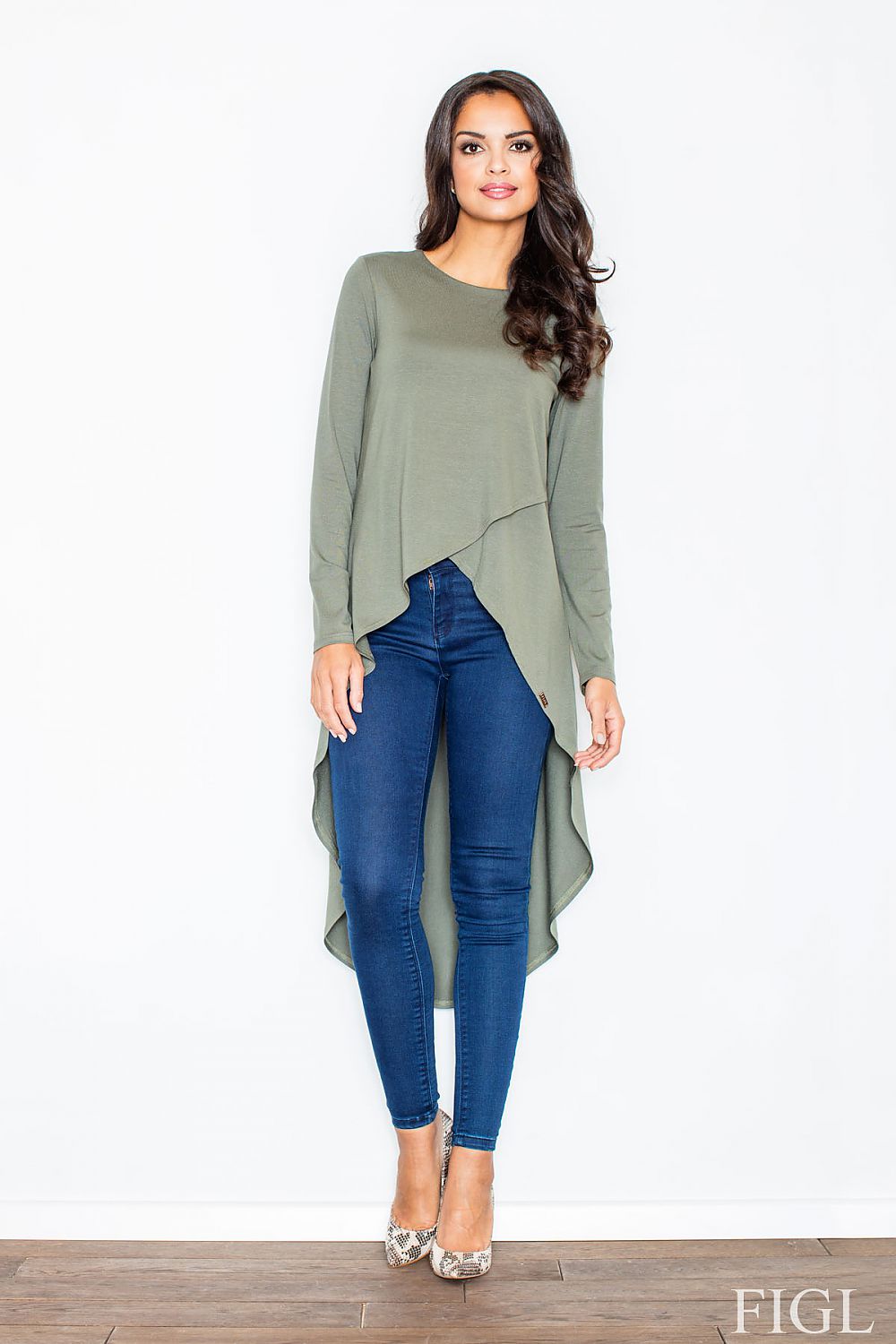 Asymmetrical green tunic with long sleeves and draped hem