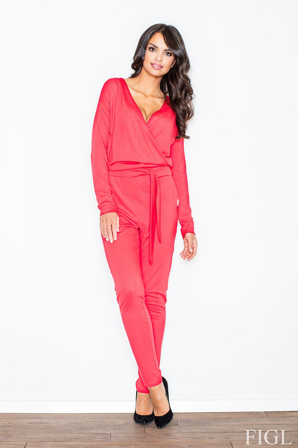 Belted long-sleeve jumpsuit, red V-neck with waist tie