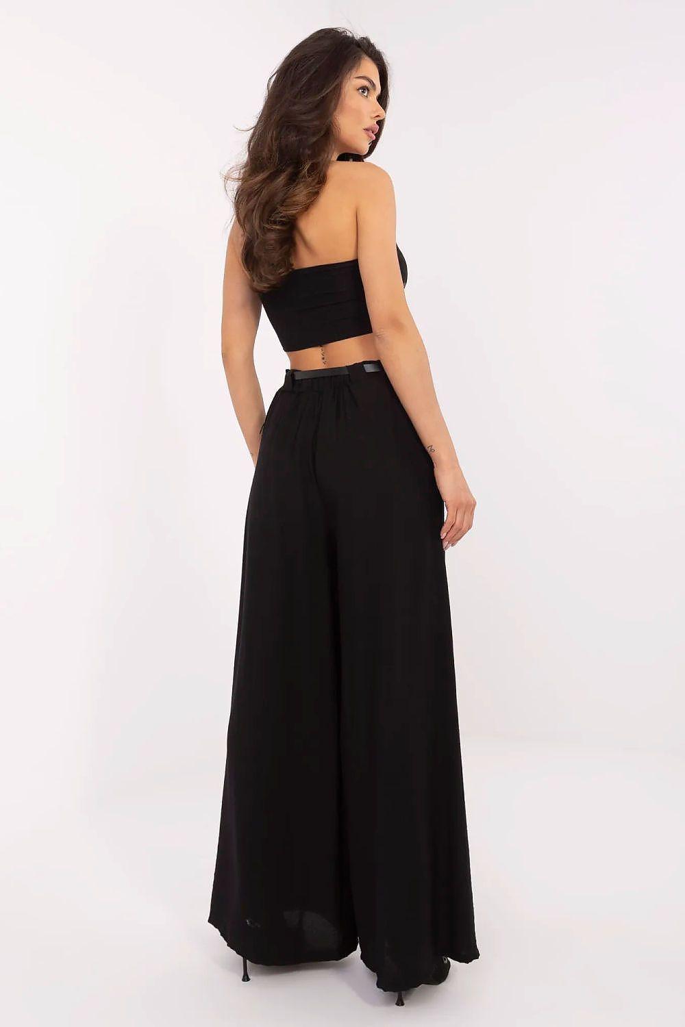 Women’s wide-leg trousers in black with high waist and belt, full-length drape