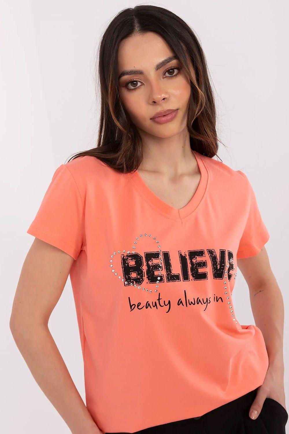 Women's T-shirt, orange with rhinestone 'BELIEV' text and 'beauty always in' print