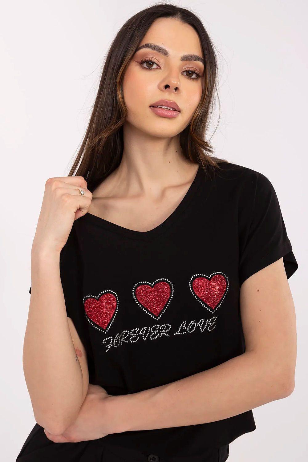 Black V-neck T-shirt with three red hearts and script on chest