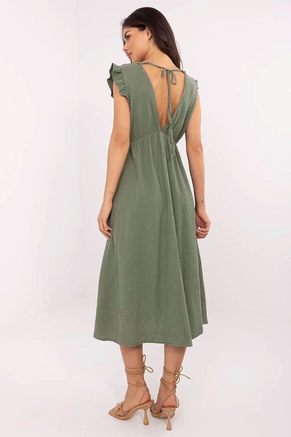 Olive green daydress with open back V detail and gathered waist