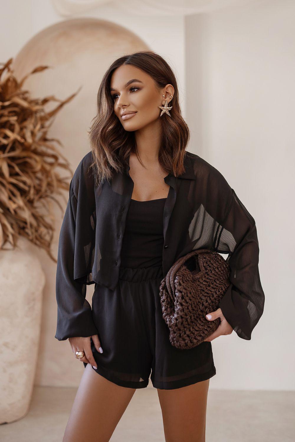 Black jacket and matching shorts set, belted waist, long sleeves