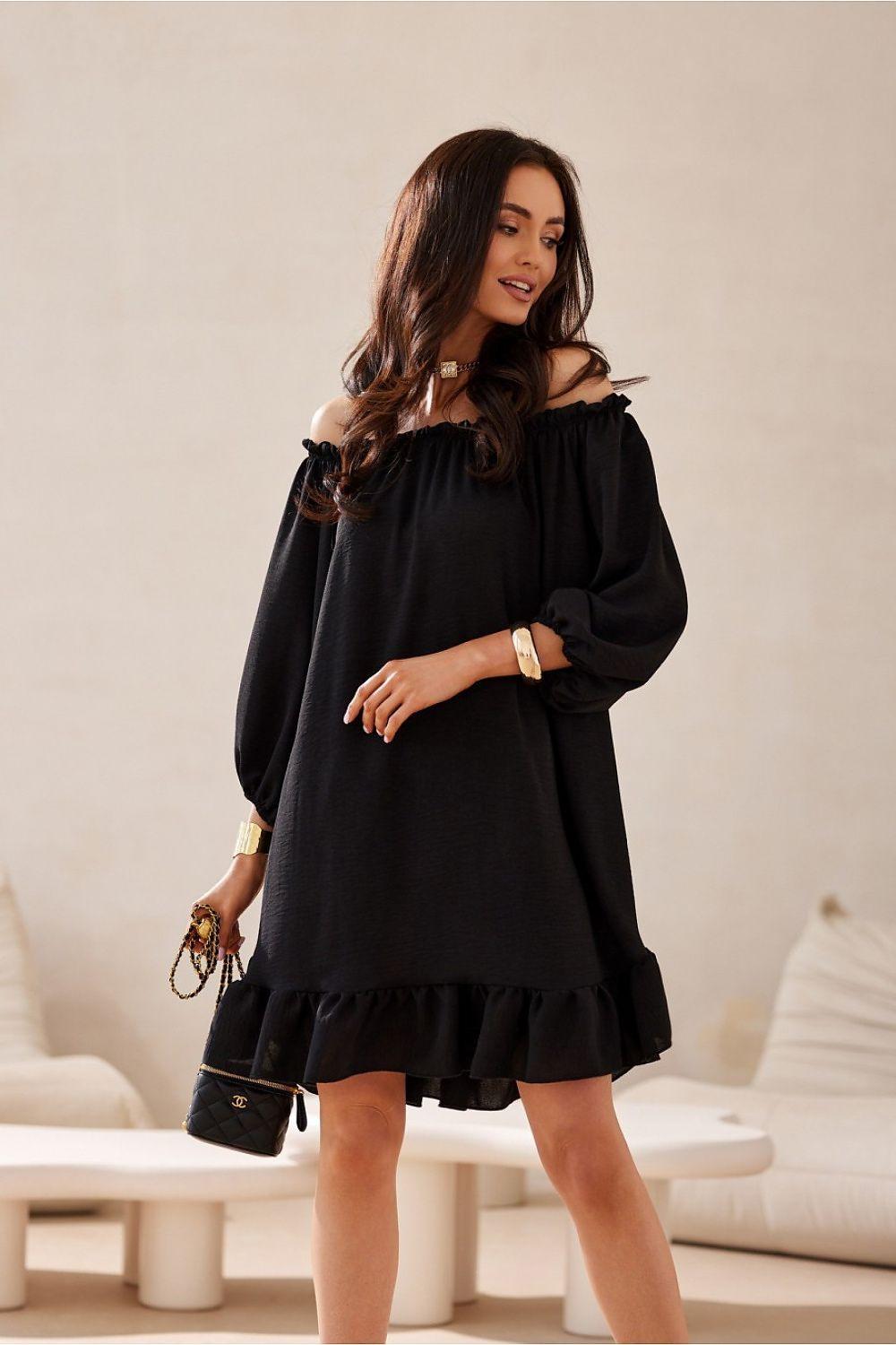 Black off-shoulder daydress with gathered neckline and long puff sleeves tiered hem