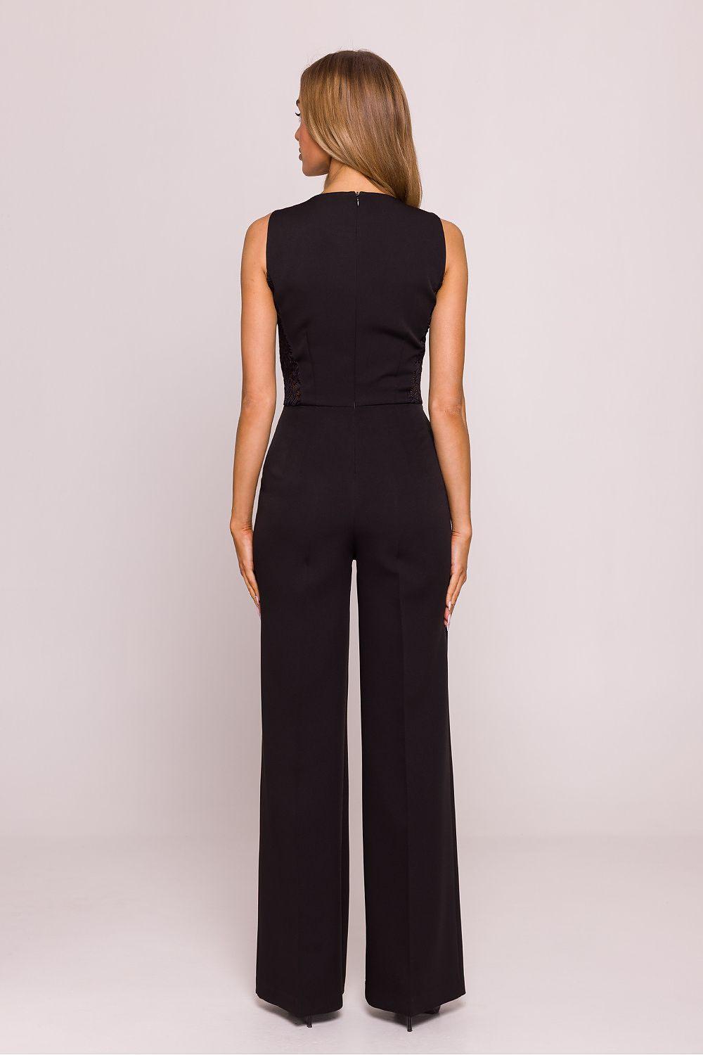 Black back-view sleeveless jumpsuit with lace-trim detail and wide-leg legs