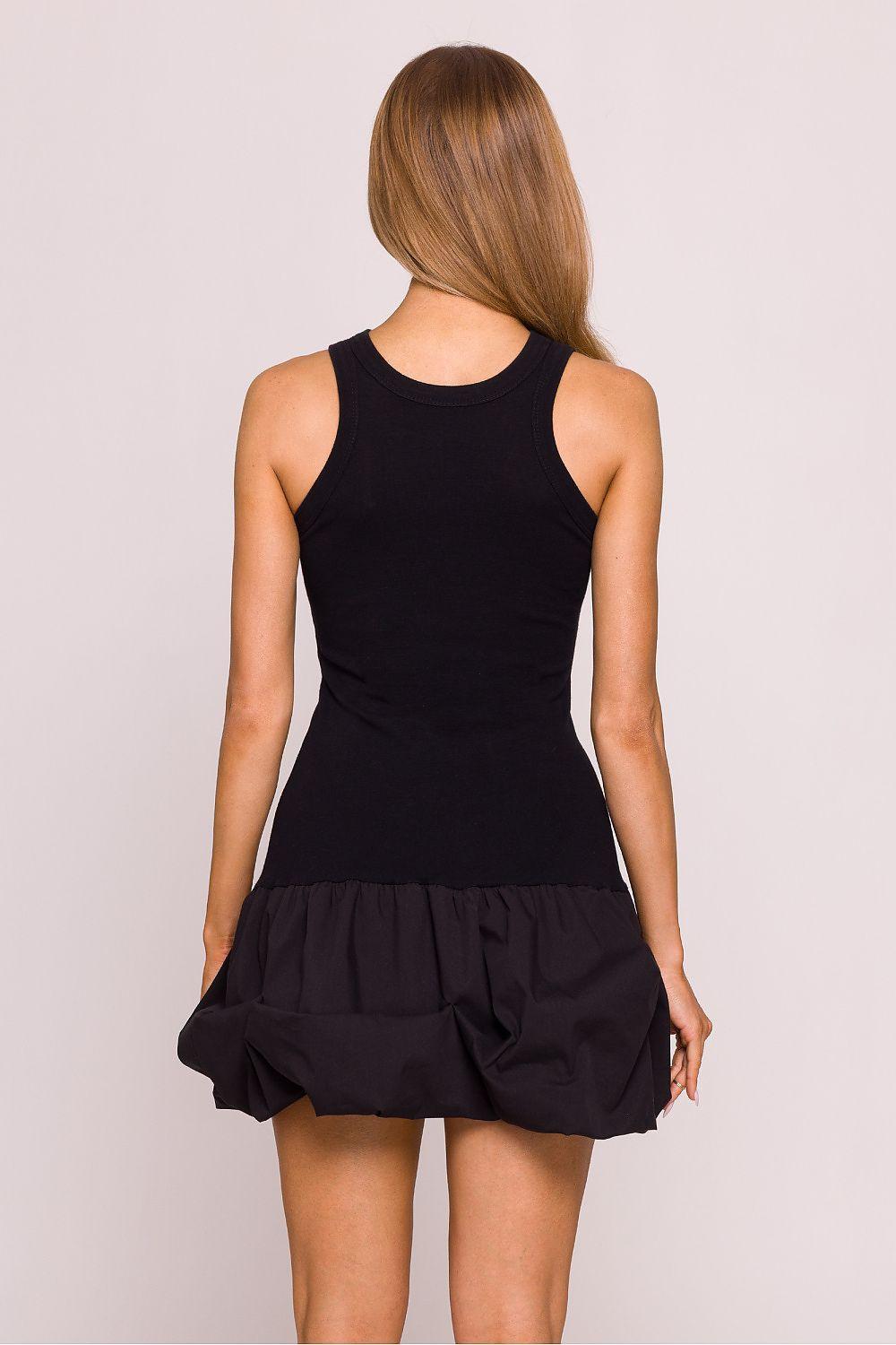 Black sleeveless daydress with high back neck and gathered flared skirt