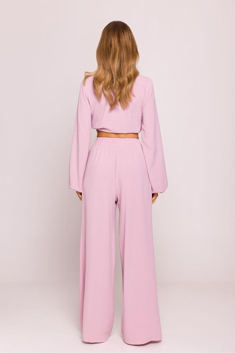 Women trousers in light pink, high-waist wide-leg silhouette shown from the back