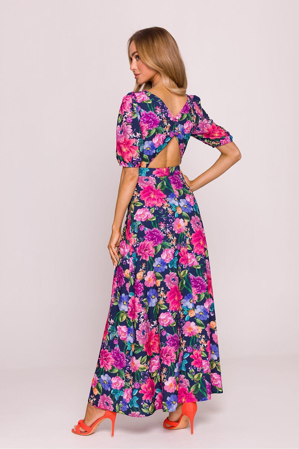 Moe day dress, floral print with 3/4 sleeves, cutout back detail, gathered skirt