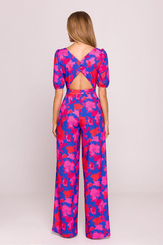 Women's abstract-pattern jumpsuit, back cutout, wide-leg pants, short sleeves