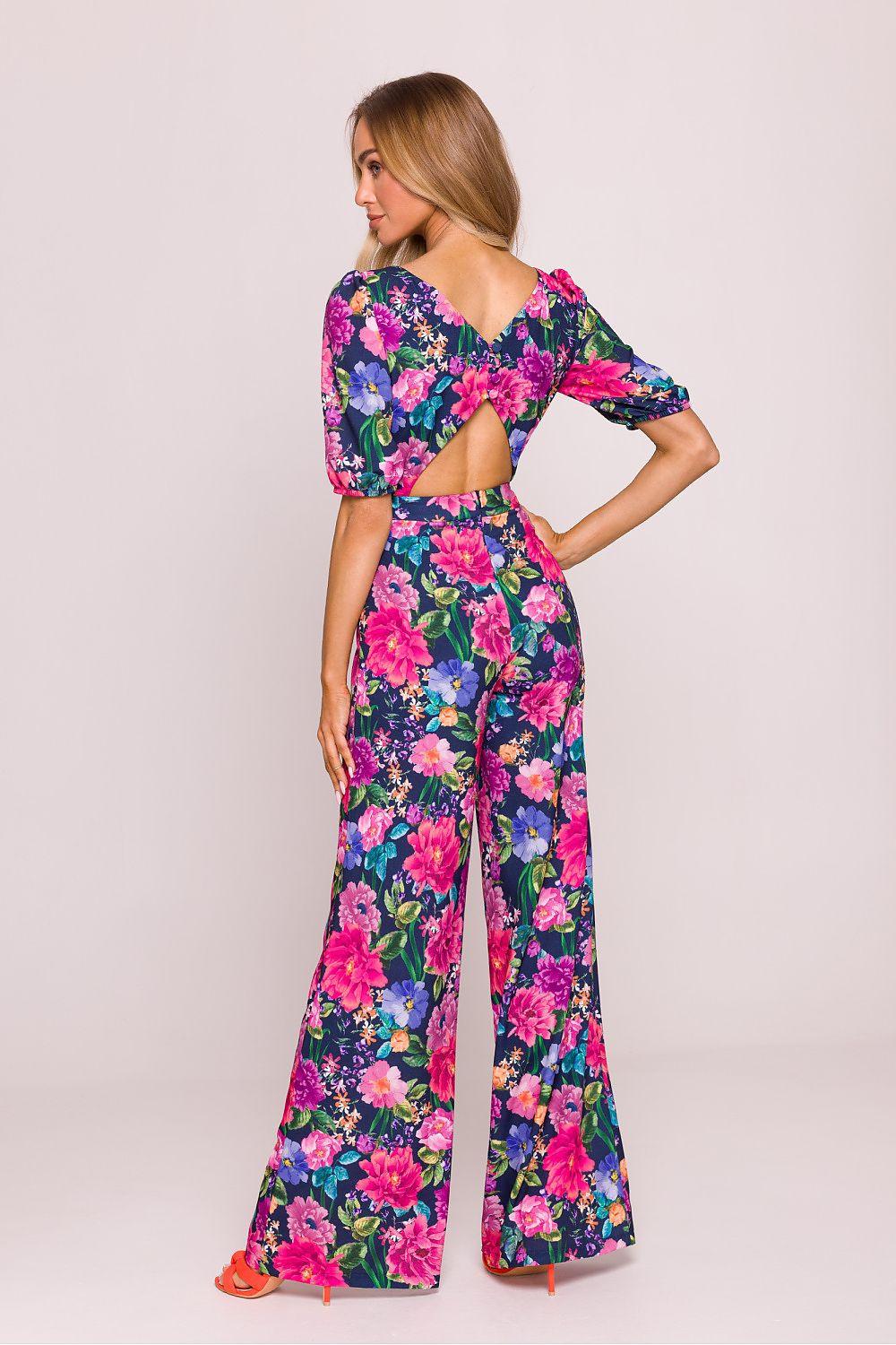 Floral printed pants set with short sleeves, open back, wide-leg trousers