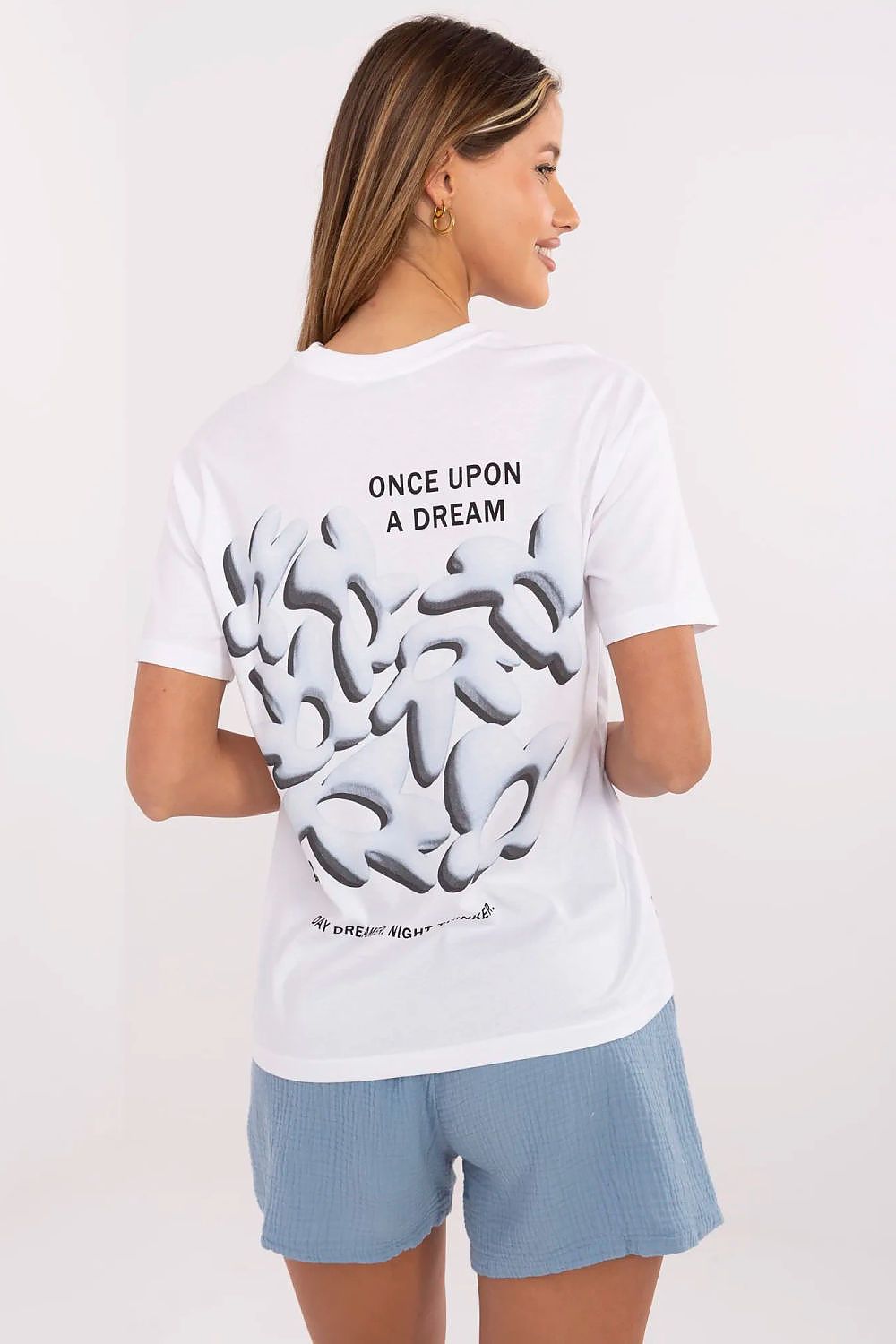 White women's cotton T-shirt with large back print: 'ONCE UPON A DREAM'
