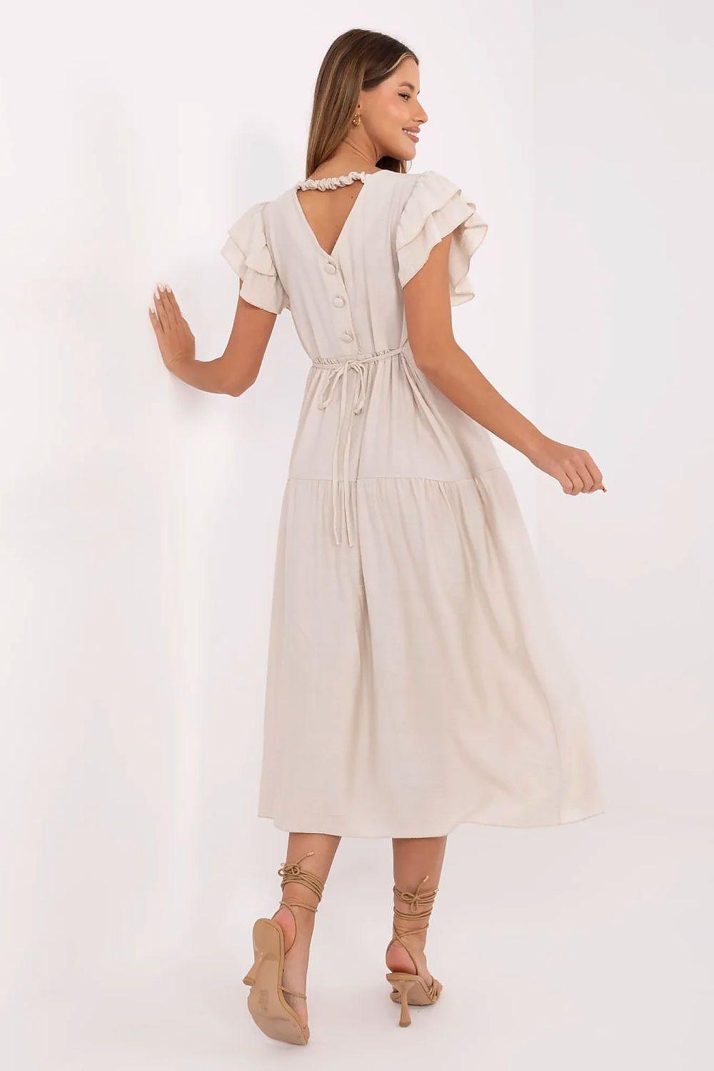 White short-sleeve day dress with V-back, ruffled sleeves, tiered skirt and tie waist