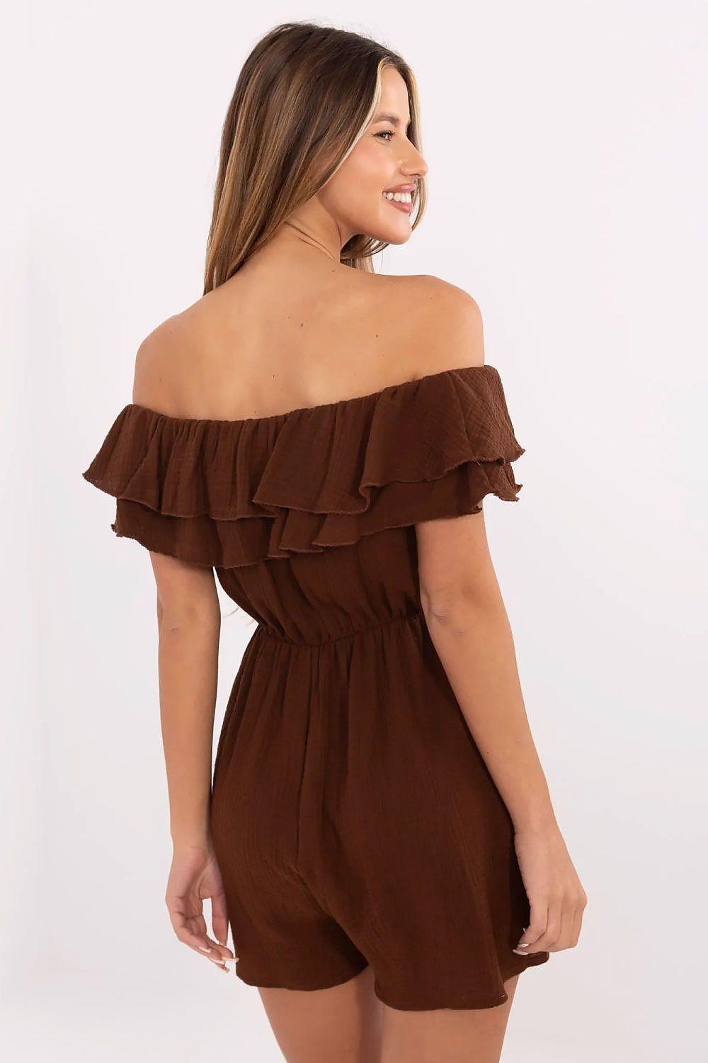 Brown off-shoulder layered ruffle romper with elastic waist, short legs