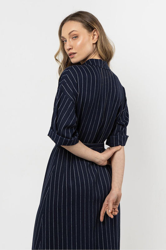 Navy striped daydress with shirt collar, button front and long sleeves