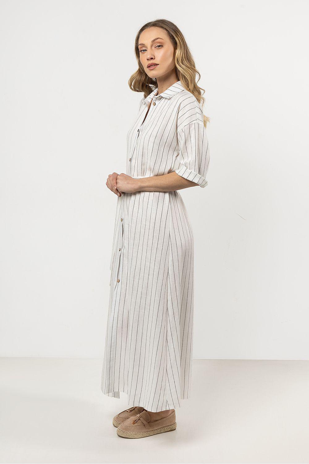 Light beige striped day dress with button front, waist tie, and short sleeves