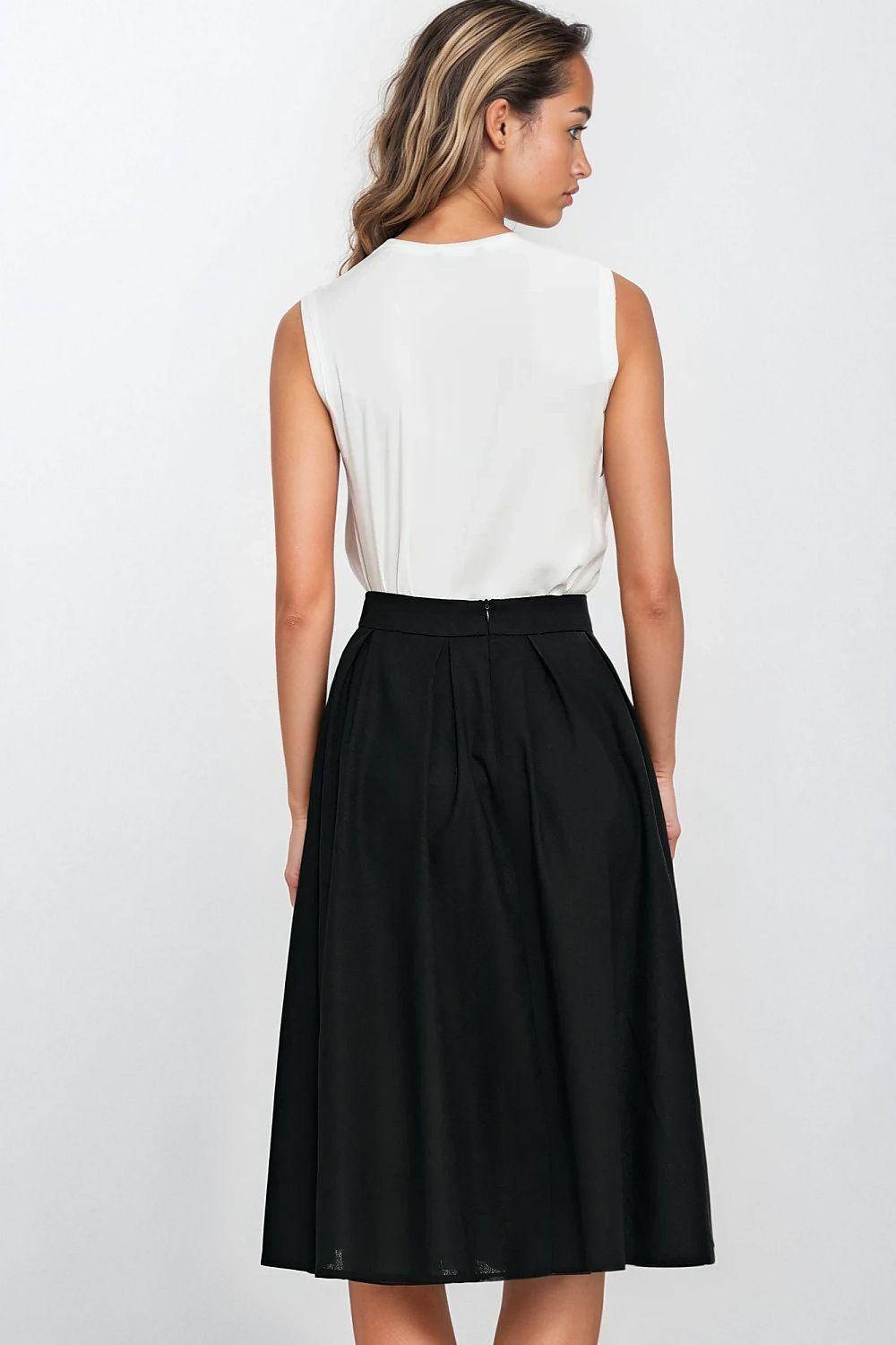 Black midi A-line skirt with pleated waist, full gathered back view.