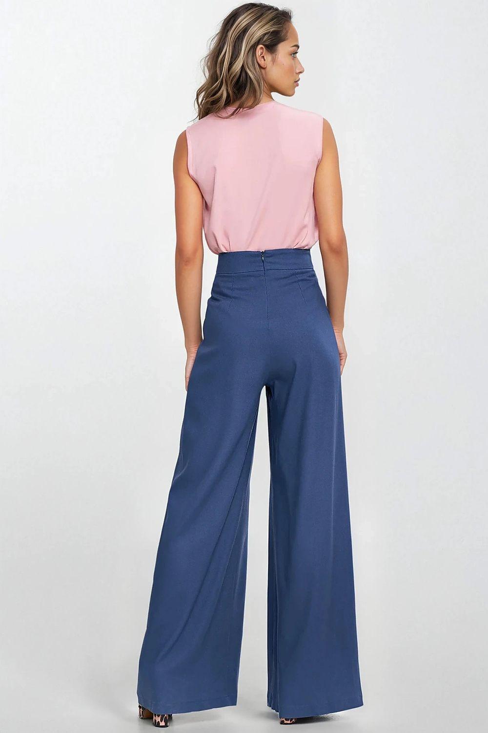 Blue wide-leg trousers with high waist, shown from back