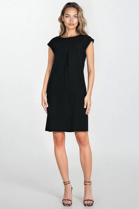 Black cap-sleeve day dress, relaxed shift silhouette, above-knee length, model standing