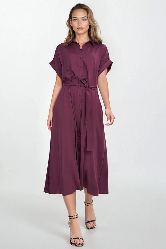 Violet linen daydress, relaxed fit, collared short sleeves with button front and waist tie